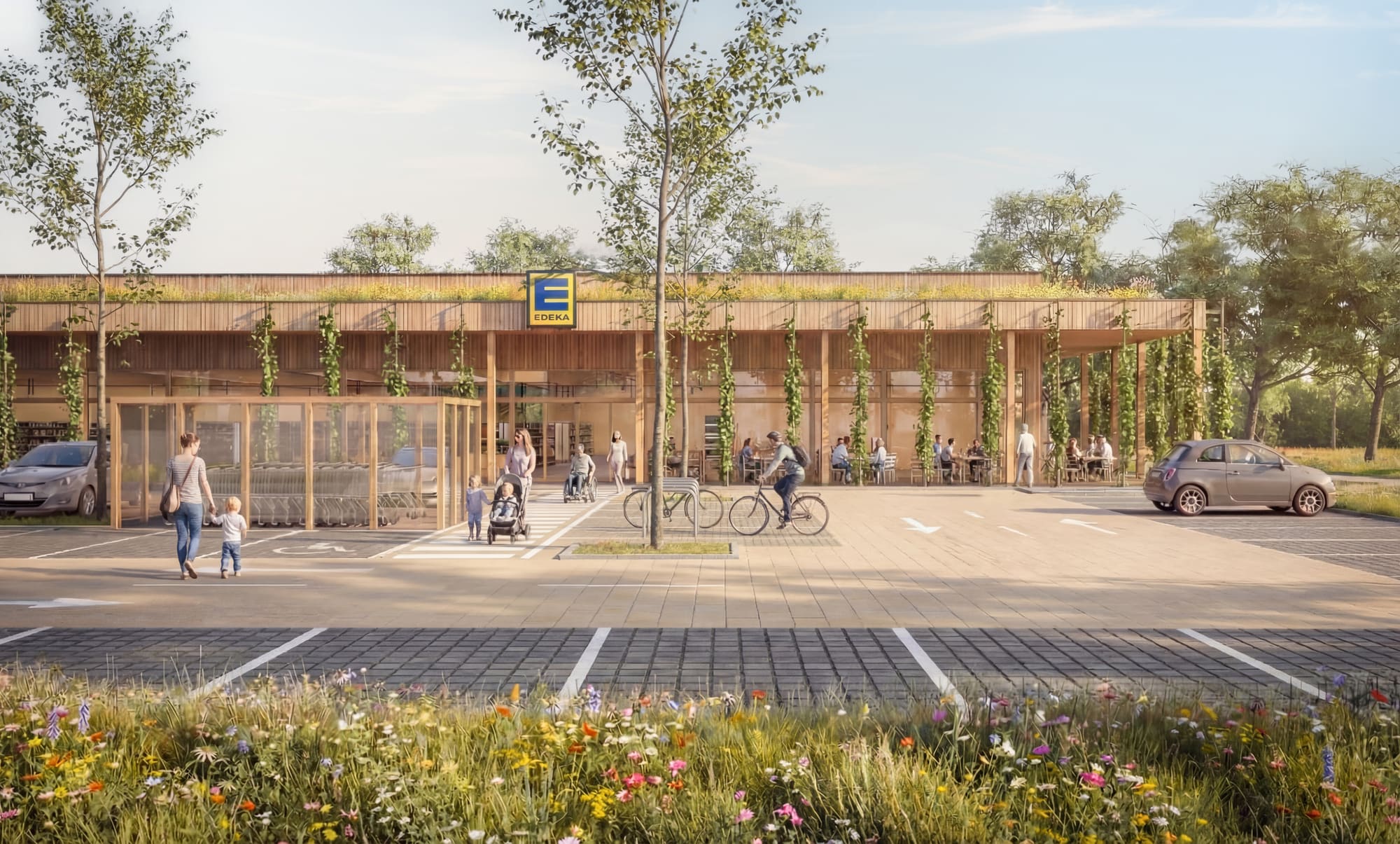 Visualisierung des Cradle-to-Cradle-Supermarkts in Haimhausen: begrünter Holzbau mit Eingang und Vorplatz