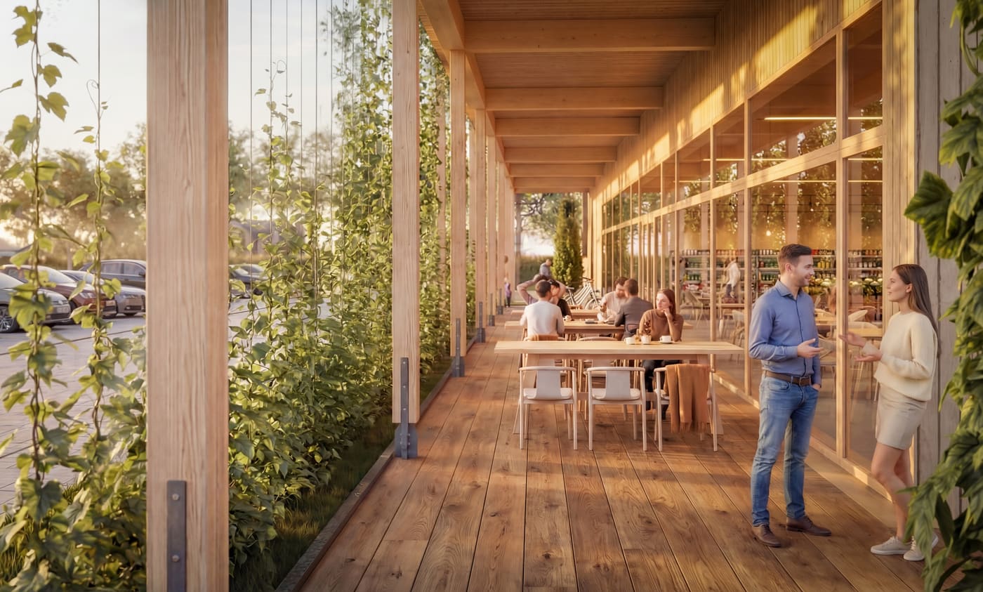 Überdachte Terrasse mit Holzkonstruktion und berankten Stützen